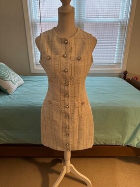 Sleeveless Cream Tweed Mini Dress with Pearl Buttons